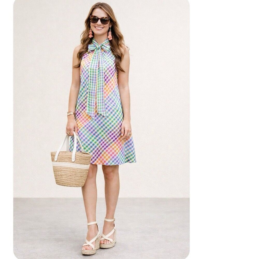 J.Crew Rainbow Gingham Tie Neck Mini Dress NEW Size 14 Plaid Preppy Bow Summer